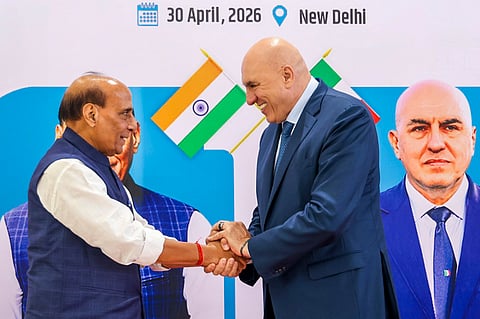 Defence Minister Rajnath Singh with his Italian counterpart Guido Crosetto during the India-Italy Defence Ministers' Bilateral Dialogue, in New Delhi.