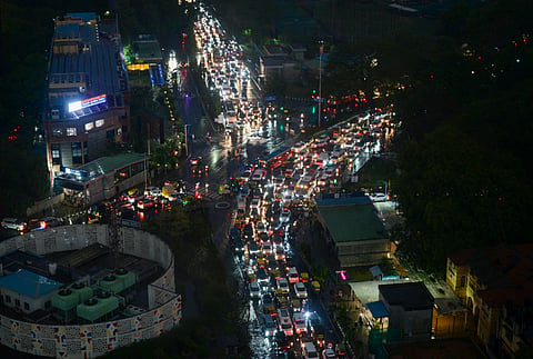 An aerial view of traffic congestion following heavy rain, in Bengaluru, Wednesday, April 29, 2026.