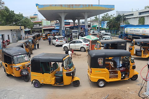 Autos parked in line in a petrol bunk on Friday, following shortage of CNG.