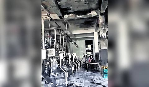 Aftermath of the blast at Nosh Pharma Lab at Pittampally that left one worker dead and eight others injured on Friday.