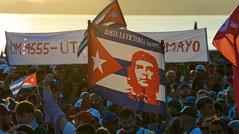People attend a march marking International Workers' Day at Jose Marti Anti-Imperialist Square in Havana, Cuba, Friday, May 1, 2026.