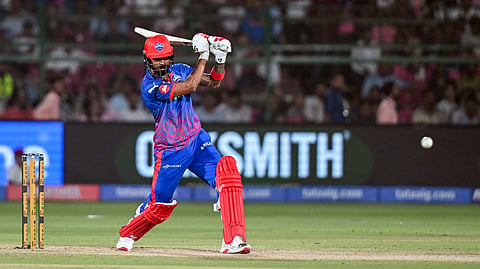 Delhi Capitals' KL Rahul plays a shot during the IPL 2026 match against Rajasthan Royals at Sawai Mansingh Stadium, in Jaipur on Friday.