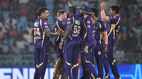 Kolkata Knight Riders' Sunil Narine, left, celebrates with teammates the wicket of Lucknow Super Giants' captain Rishabh Pant during the Indian Premier League cricket match between Kolkata Knight Riders and Lucknow Super Giants in Lucknow, India, Sunday, April 26, 2026.