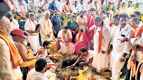 Deputy Speaker K Raghu Ramakrishna Raju laying the foundation stone for Rama temple at Peddapeta in Akiveedu of West Godavari district on Sunday.
