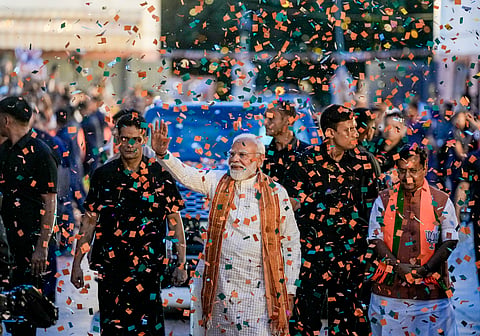 Prime Minister Narendra Modi being welcomed to celebrate the BJP's performance in Assembly elections across four states and one union territory, at the party headquarters in New Delhi, Monday, May 4, 2026. Party National President Nitin Nabin also seen.