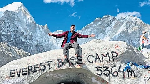 Kesav Suneesh at Everest Base Camp at Gorakshep, about 300 km away from Kathmandu in Nepal.