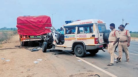 A Mahindra ambulance carrying patient to Bengaluru from West Bengal rammed a stationary truck in Tirupati district on Monday.