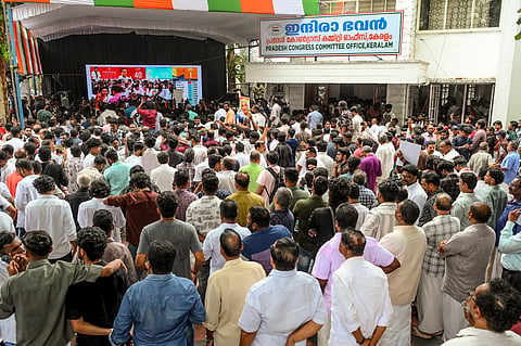 Congress workers celebrate as the party takes lead during the Kerala Assembly elections result day outside KPCC office, in Thiruvananthapuram, Monday, May 4, 2026.