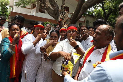 TVK supporters in Coimbatore celebrate the fledgling party's triumph in the just concluded Assembly polls in Tamil Nadu.