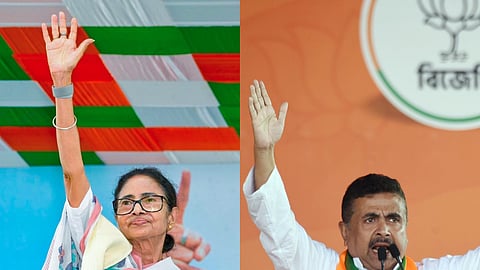 (L) TMC chief and West Bengal Chief Minister Mamata Banerjee; (R) BJP leader and Bengal LoP Suvendu Adhikari.