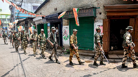 Security personnel patrol on the eve of counting and results of the West Bengal Assembly polls, in Howrah, West Bengal, Sunday, May 3, 2026.
