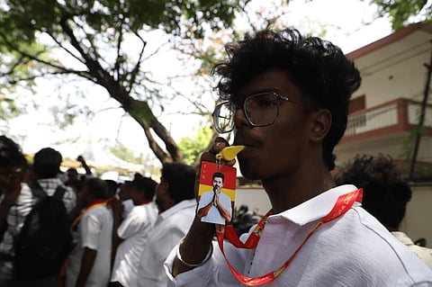 Workers and leaders of different parties celebrate as results for the Assembly elections in four states --West Bengal, Assam, Tamil Nadu and Kerala-- and Puducherry are declared on May 4, 2026.