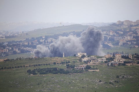 This photograph taken from the southern Lebanese area of Marjayoun shows smoke as it rises from the site of an Israeli airstrike that targeted the village of Kfar Tibnit on May 4, 2026.