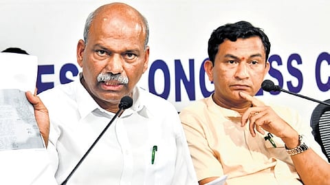 Former Congress MLA TD Rajegowda addresses the media in Bengaluru on Tuesday.