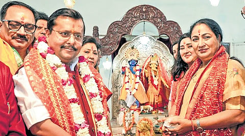 BJP national chief Nitin Nabin, CM Rekha Gupta, Delhi BJP chief Virendra Sachdeva and MP Bansuri Swaraj at Chittaranjan Park Kali Mandir on Tuesday.