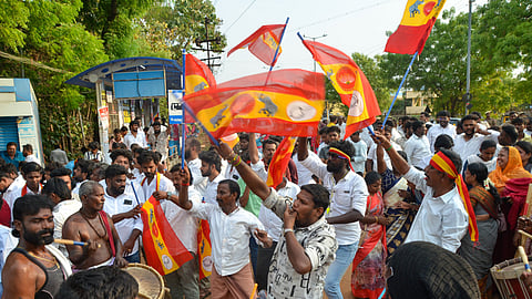 TVK supporters celebrate their victory by dancing, bursting crackers, and distributing sweets in Tirunelveli.