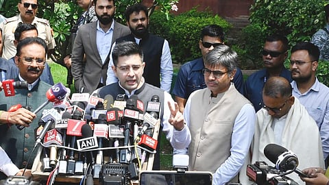 Rajya Sabha MPs and BJP leaders Raghav Chadha along with Sandeep Pathak, Ashok Mittal and others addressing mediapersons after meeting with President Droupadi Murmu at the outside Rashtrapati Bhavan in New Delhi on May 5, 2026.