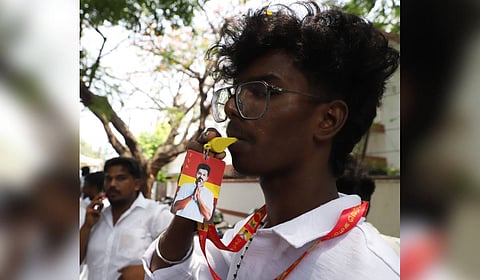 TVK cadets celebrate near vote counting centre at GCT college in Coimbatore on Monday.
