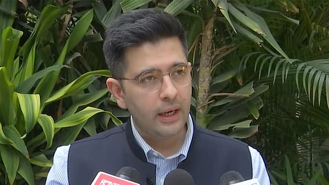 BJP leader and Rajya Sabha MP Raghav Chadha speaks to mediapersons in Delhi.