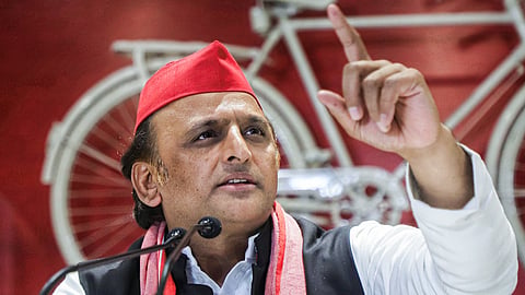 Samajwadi Party (SP) Chief Akhilesh Yadav addresses a press conference, at the party office, in Lucknow.