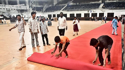 The Jawaharlal Nehru Indoor Stadium in Chennai getting ready on Wednesday, for the swearing-in ceremony of actor-turned-politician and Tamilaga Vettri Kazhagam (TVK) Chief C. Joseph Vijay.