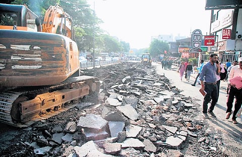 Work under way on the Rs 19.5-crore 300-metre Wind Tunnel Road-Old Airport
Road underpass, designed by the erstwhile Bruhat Bengaluru Mahanagara Palike