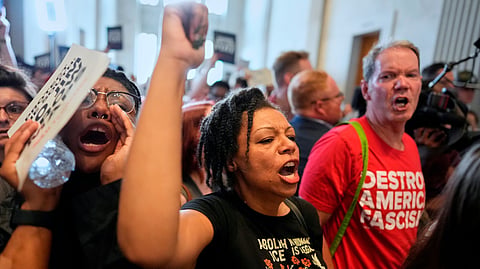 Protesters yell outside the Senate chamber during a special session of the state legislature to redraw US Congressional voting maps, in Nashville, Tenn., Tuesday, May 5, 2026.