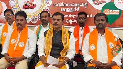 BJP National Council Member S Vishnuvardhan Reddy addressing a press conference in Puttaparthi on Wednesday.