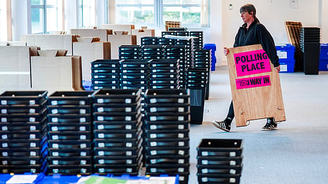 Ballot boxes and signs are dispatched to polling stations around Edinburgh from Edinburgh City Council's storage area at the Sirius Building in the west of the city ahead of the Scottish Elections on May 7, in Edinburgh, Scotland, Wednesday, May 6, 2026.