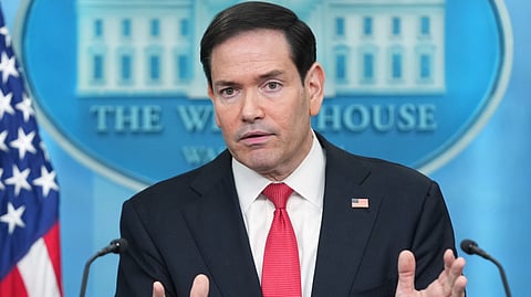 Secretary of State Marco Rubio speaks during a press briefing in the James Brady Press Briefing Room at the White House in Washington, Tuesday, May 5, 2026.