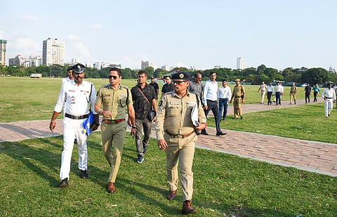 Security tightens ahead of Prime Minister Narendra Modi's visit to the Brigade Parade Ground to attend the oath-taking ceremony of the new West Bengal government as BJP wins the West Bengal Assembly elections, in Kolkata on Wednesday.