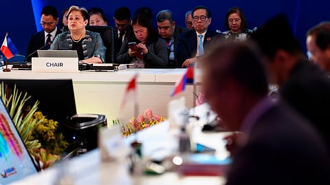 Philippine Foreign Secretary Theresa Lazaro, top left, delivers her opening statement during the Association of Southeast Asian Nations (ASEAN) Foreign Ministers' Meeting ahead of the 48th ASEAN Summit and Related Meetings in Cebu, Philippines, Thursday, May 7, 2026.