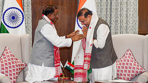 Assam Governor Lakshman Prasad Acharya with outgoing state Chief Minister Himanta Biswa Sarma during a meeting after the CM submits his resignation at Raj Bhavan, in Guwahati, Wednesday, May 6, 2026.