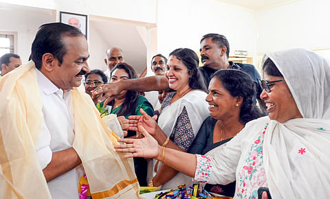 Congress leader V D Satheesan being greeted by supporters upon his arrival to attend the meeting of the Congress Legislature Party (CLP) to decide on the chief ministerial candidate in Kerala, at the party headquarters, in Thiruvananthapuram, Thursday, May 7, 2026.