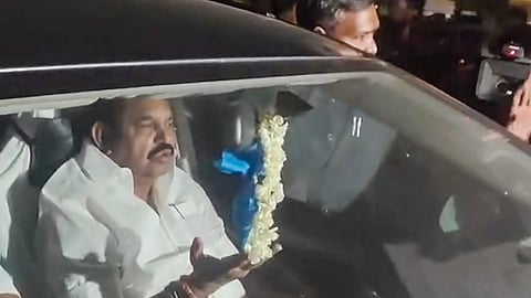 AIADMK General Secretary Edappadi K. Palaniswami arrives at a resort to attend a party meeting where newly elected MLAs of the party are lodged, in Puducherry, Thursday, May 7, 2026.