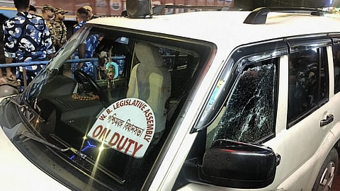 A damaged glass window of a vehicle after BJP leader Suvendu Adhikari's personal assistant Chandranath Rath was shot at from close range by unidentified assailants, according to sources, in West Bengal's North 24 Parganas, Wednesday night, May 6, 2026.