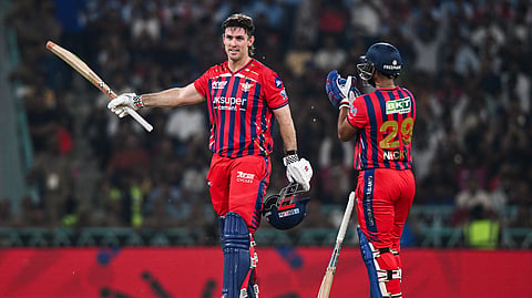 Lucknow Super Giants' Mitchell Marsh celebrates his century during the Indian Premier League 2026 match against Royal Challengers Bengaluru, at Bharat Ratna Shri Atal Bihari Vajpayee Ekana Cricket Stadium, in Lucknow on Thursday.