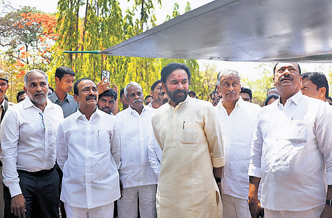 Union Minister G Kishan Reddy, along with Malkajgiri MP Eatala Rajendar, inspects the ongoing construction works of the Science Experience Centre at the CSIR-IICT, NGRI campus in Hyderabad on Thursday.