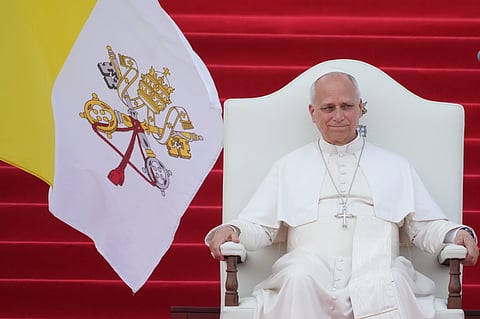 Pope Leo XIV meets with representatives of the world of culture at the Leon XIV Campus of the National University in Malabo.