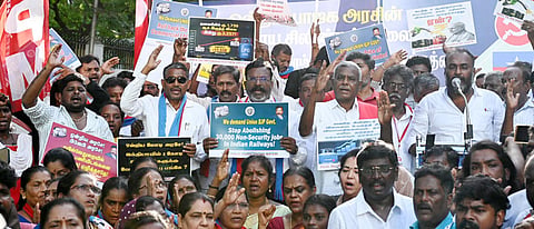 Members of CPI, CPI (M) and VCK protest against Union Government for increasing the price of commercial gas cylinder and reducing the job vacancies in Indian Railways, at Collectorate in Chennai Thursday.