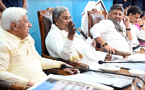 CM Siddaramaiah, Deputy CM DK Shivakumar and minister HK Patil during the inauguration of Sahakara Samruddhi Soudha in Bengaluru.