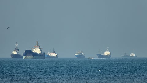 Cargo ships in the Strait of Hormuz off Bandar Abbas in Iran