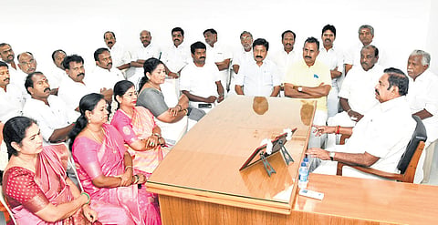 Edappadi Palaniswami holds discussions with newly-elected AIADMK MLAs at his residence on Saturday.