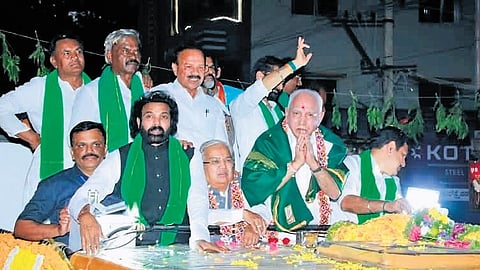 BJP leader and former CM BS Yediyurappa and other party leaders during a procession ahead of ‘BSY Abhimanotsava’ to celebrate his five-decade-long political journey,