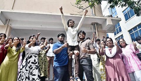 Class 12 students celebrate at Everwin Higher Secondary School, Chennai, after the results were declared on Friday.