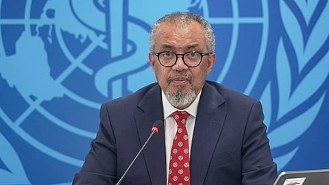 This video grab from AFP TV video shows a view of Director-General Tedros Adhanom Ghebreyesus speaking during a virtual press conference