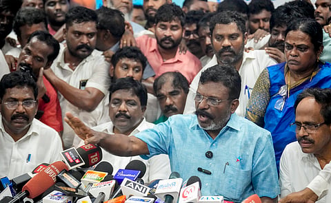 VCK chief Thol Thirumavalavan addresses a press conference with party leaders after extending support to TVK, at the party's headquarters, in Chennai, Saturday, May 9, 2026.