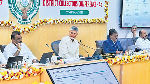 Chief Minister N Chandrababu Naidu addressing the 7th Collectors’ Conference at the Secretariat in Velagapudi on Friday,