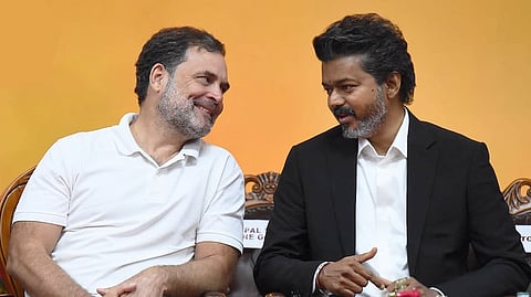 Congress leader Rahul Gandhi with TVK chief and Tamil Nadu Chief Minister C Joseph Vijay during the latter’s swearing-in ceremony at Jawaharlal Nehru Stadium in Chennai on Sunday, May 10, 2026.