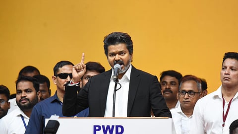Tamilaga Vettri Kazhagam (TVK) chief C Joseph Vijay takes oath as the Tamil Nadu Chief Minister during the swearing-in ceremony, at Jawaharlal Nehru Stadium, in Chennai.